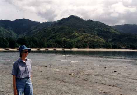 Clare Ann on Senggigi Beach. Our hotel is on the beach at the right of the picture. - jpg - 11747 Bytes